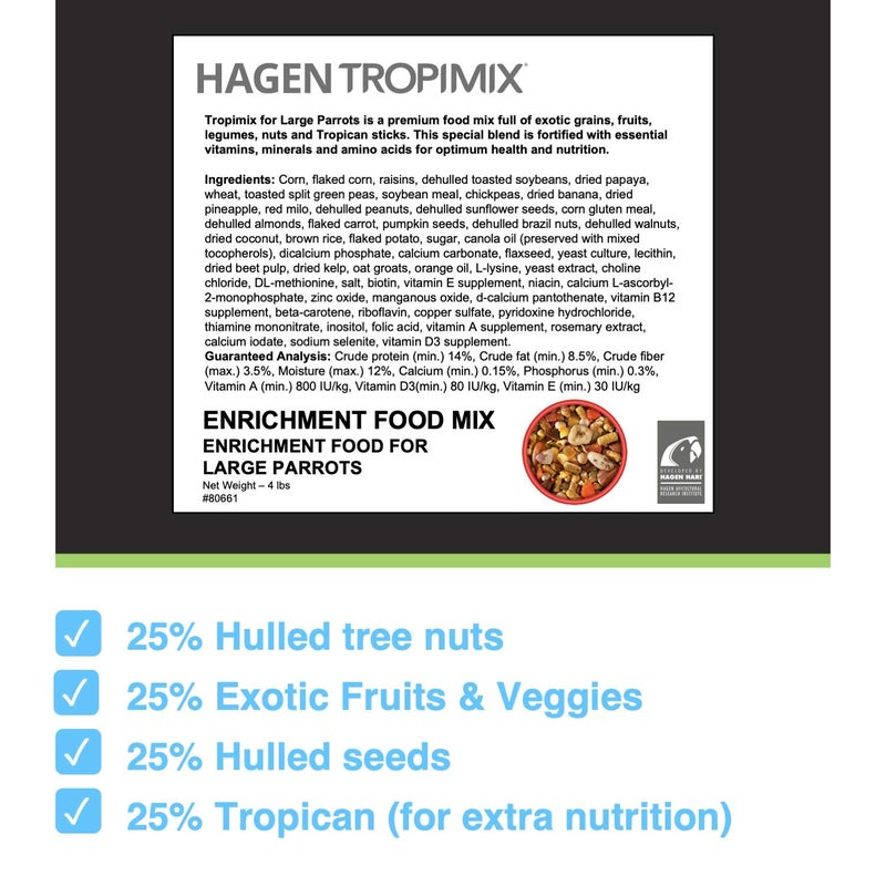 Hari Tropimix Bird Food, Hagen Large Parrot Food with Seeds, Fruit, Nuts, Vegetables, Grains, and Legumes, Enrichment Food, 4 lb Bag - Image 2